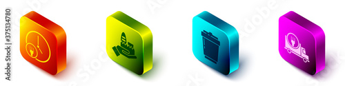 Set Isometric Round the clock delivery, Online ordering and delivery, Coffee cup to go and Fast delivery by car icon. Vector.