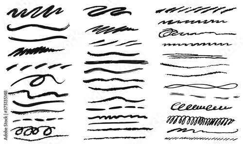 Handwritten line. Doodle handwritten grunge pencil line icon set on white. Hand drawn vector graphite art scribble smear sketch element collection illustration. Black stroke or ink brush drawing
