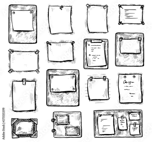 Paper note. Hand drawn engraved sticky paper sheet for note on white wall. Blank reminder or planner page and mood board vector icon set. Empty mockup frame illustration. Vintage art style