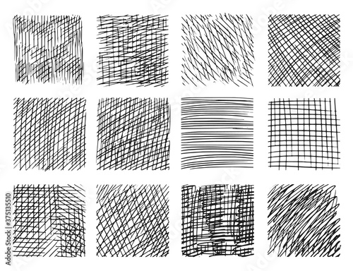 Sketch hatching. Pencil hatching texture with intersecting straight line set on white. Hand drawn criss-cross effect vector design. Grunge doodle scribble chaotic thin cross-sketch illustration