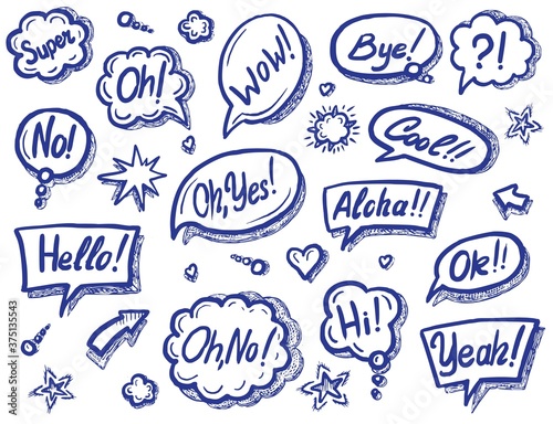 Speech bubble. Art speech chat bubble symbol with sound expression message text icon vector set on white. Greeting, goodbye, different emotion chatting comic dialog word cloud illustration