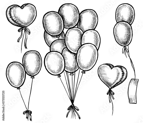 Hand drawn balloon. Black and white hand drawn flying festive helium balloon doodle sketch bundle and single vector illustration. Birthday party, anniversary, valentine day attribute set