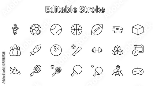 Set of Sports balls, hobbies, entertainment vector line icons. It contains symbols of football, basketball, bowling, tennis and much more. Editable Stroke. 32x32 pixels.