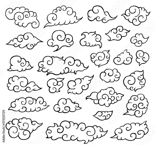 Chinese cloud. Curved chinese cloud different size. Eastern vector ornament doodle drawing collection. Oriental attribute set. Filled outline editable stroke. Black and white design illustration