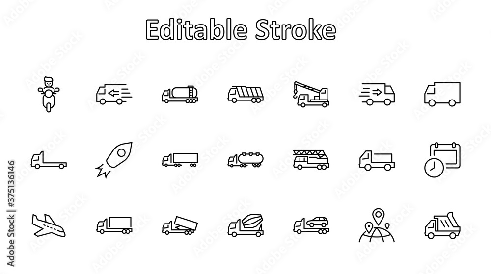 Truck Set of Transport Vector Line Icons. Contains such Icons as Truck, Transportation, Tow Truck, Cranes, Mixer, Garbage Truck, Manipulators, Delivery service and more. Editable Stroke. 32x32 Pixels