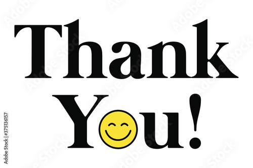 Happy Thank you Slogan T-shirt print design. Text with Yellow Happy face icon. Smile face symbol. Logo, Isolated Vector banner design, advertisement.