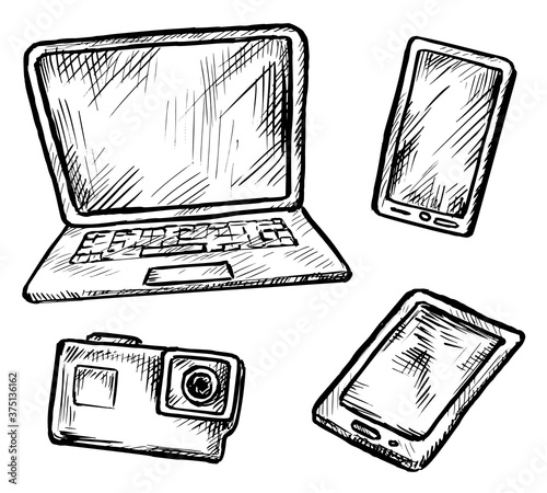 Digital gadget sketch. Smartphone, laptop computer, portable tablet electronic device and photo camera. Modern digital gadget sketch hand drawn doodle illustration. Vector set isolated on white