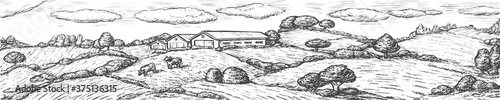 Farming scene. Engraved pasture with cow animal grazing grass. Hand drawn farm with field, tree, cowshed or grain elevator background. Black and white vector rustic rural landscape. Retro illustration