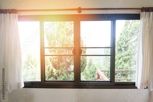 bedroom window in the morning - sunlight through in room open curtains with balcony and nature tree on outside window