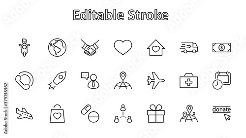 International Day for the Poor Vector Line Icons Set. Contains such Icons as Heart, planet Earth, Handshake, money, Donate, Medicines, Plane and more. Editable Stroke. 32x32 Pixels