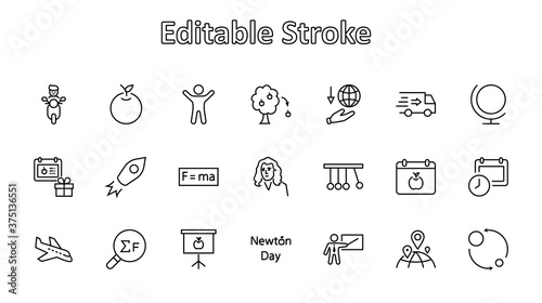 Newton's Day Set Line Vector Icon. Contains such Icons as Newton, Laws of physics and gravity, Flying Apple, Calendar, Teacher, blackboard and projector Editable Stroke. 32x32 Pixels