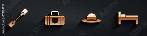 Set Paddle, Suitcase, Elegant women hat and Bed icon with long shadow. Vector.