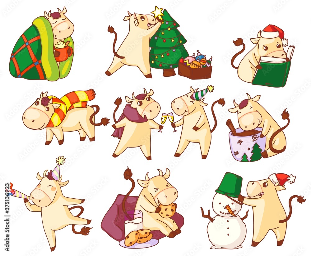 Bull year symbol. Cute kawai bull new year character vector symbol icon set isolated on white background. Chinese zodiac sign in festive cap and christmas hat holiday activity illustration