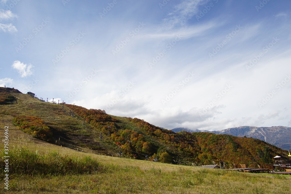 Majestic mountains landscape under blue sky with clouds in Japan