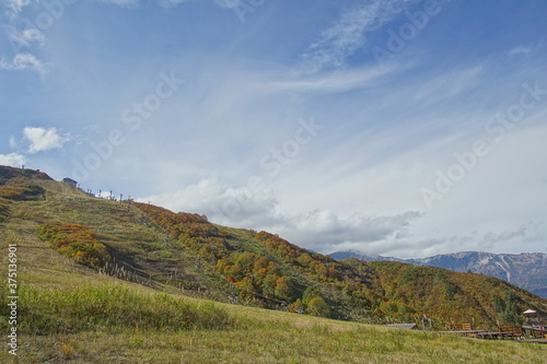 Majestic mountains landscape under blue sky with clouds in Japan