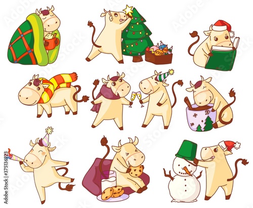 Bull year symbol. Cute kawai bull new year character vector symbol icon set isolated on white background. Chinese zodiac sign in festive cap and christmas hat holiday activity illustration