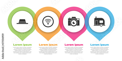 Set Man hat with ribbon, Wi-Fi wireless internet network, Photo camera and Rv Camping trailer. Business infographic template. Vector.