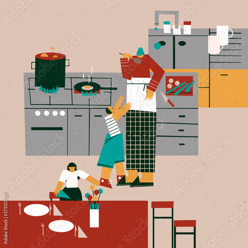 Grandparent and children doing kitchen chores together photo