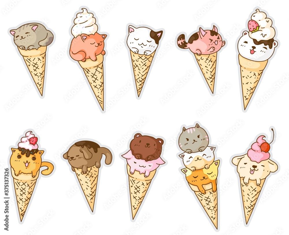 Kawai ice-cream. Frozen gelato in waffle cone with funny creature inside illustration. Kawai ice-cream different flavor with cute baby animal mascot. Vector doodle icon isolated set on white