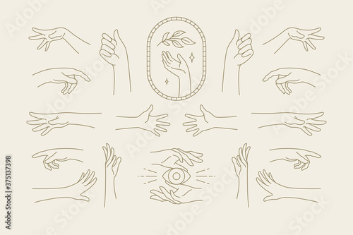 Female hands gestures collection of line art hand drawn style vector illustrations.