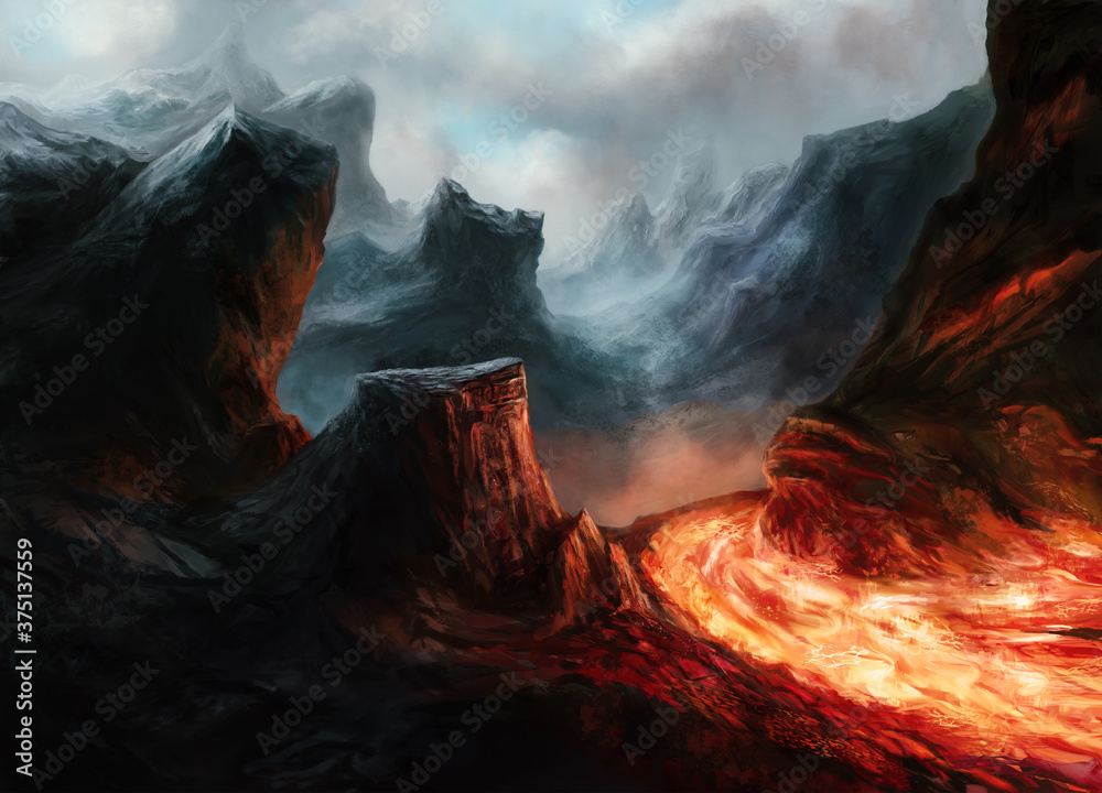Fototapeta premium Illustration of fantasy landscape with lava and mountains