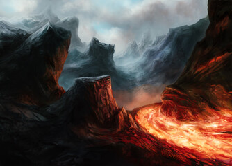 Leinwandbilder Schwarz Illustration of fantasy landscape with lava and mountains  © Maxim B