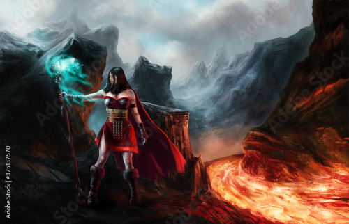 Photo Magician girl casting the spell and lava landscape illustration
