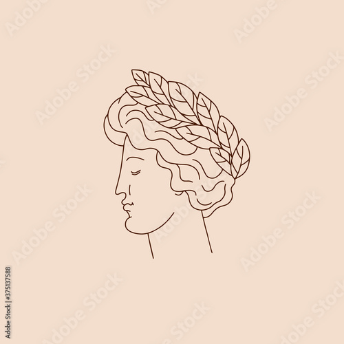Vector hand drawn illustration of woman with greek profile and laurel brunch isolated. Creative tattoo artwork. Template for card, poster, banner, print for t-shirt, pin, badge, patch.