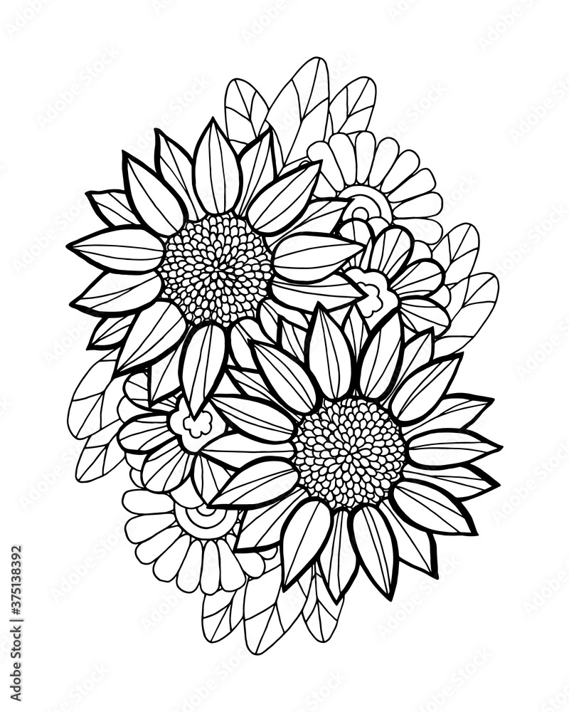 Fototapeta premium Outline vector illustration of sunflowers and flowers with leaves for anti-stress coloring book isolated on a white background. Coloring page for adults and children, zen tangle, doodle
