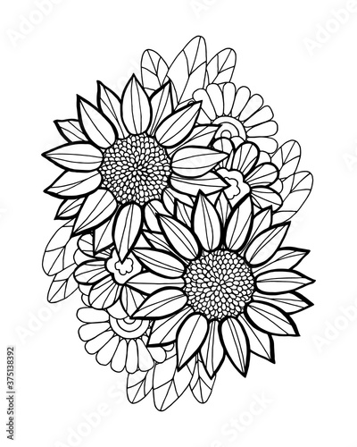 Fototapeta Naklejka Na Ścianę i Meble -  Outline vector illustration of sunflowers and flowers with leaves for anti-stress coloring book isolated on a white background. Coloring page for adults and children, zen tangle, doodle