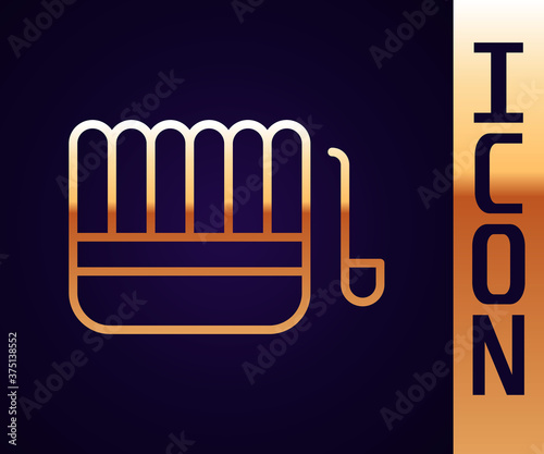 Gold line Sauna bucket and ladle icon isolated on black background. Vector Illustration.