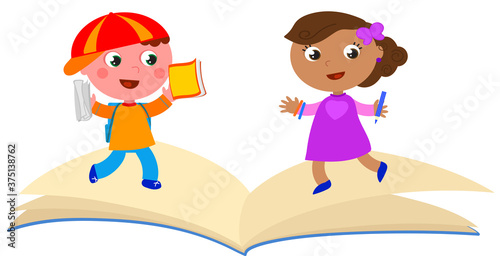 Happy schoolboy and girl with open book isolated illustration