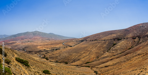 Panoramic view of mountain landscape from Mirador (viewpoint) de Morro Velosa. Fuerteventura. Canary Island. Spain.
