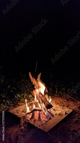 Заголовок: Camp fire in the night. Bonfire. Flame and fire sparks on dark background. Black copy space.

