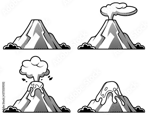 Set of volcanoes of varying degrees of eruption. Illustration in engraving style.