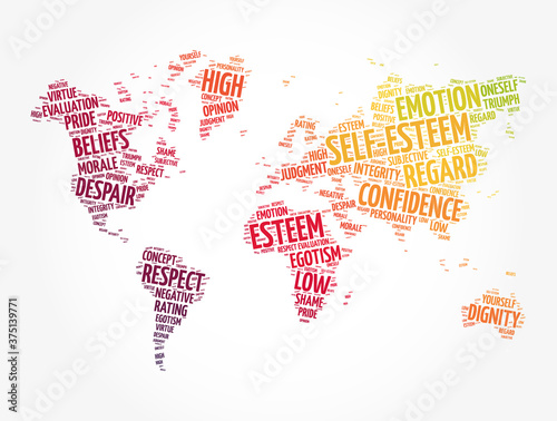 Self-esteem word cloud in shape of world map, concept background