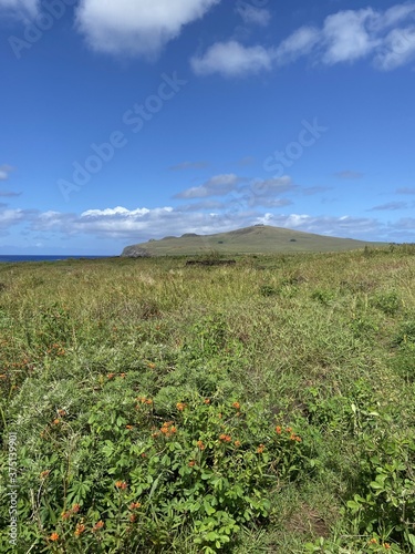 Prairie et volcan Poike à l'île de Pâques photo