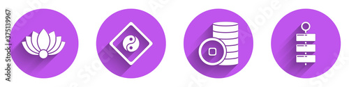 Set Lotus flower, Yin Yang, Chinese Yuan currency and Firework icon with long shadow. Vector.