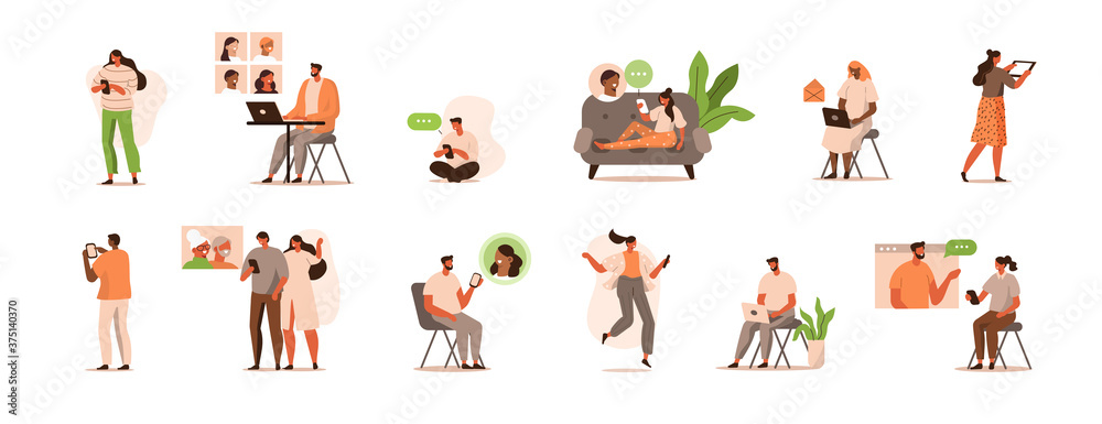 People Working at Home. Man and Woman using Smartphones, Tablets and Laptops. They Chatting, Talking by Video Call with Colleagues and Family. Characters Set. Flat Cartoon Vector Illustration. People Working at Home. Man and Woman using Smartphones, Tablets and Laptops. They Chatting, Talking by Video Call with Colleagues and Family. Characters Set. Flat Cartoon Vector Illustration.
