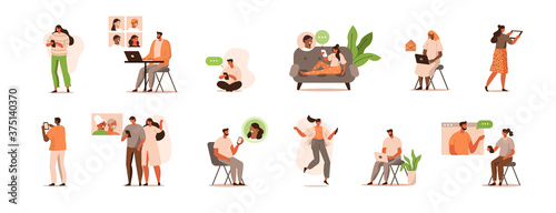 Fototapeta Naklejka Na Ścianę i Meble -  People Working at Home. Man and Woman using Smartphones, Tablets and Laptops. They Chatting, Talking by Video Call with Colleagues and Family. Characters Set. Flat Cartoon Vector Illustration. 