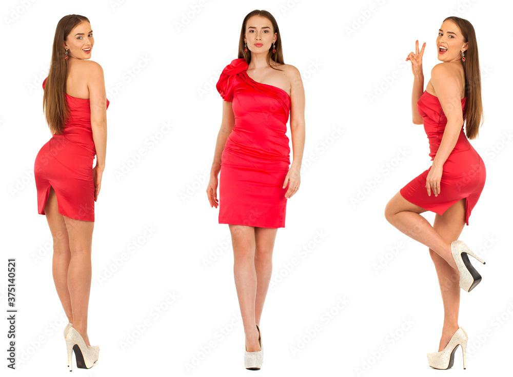 Collage sexy women. Young models in red dress, isolated on white background Collage sexy women. Young models in red dress, isolated on white background