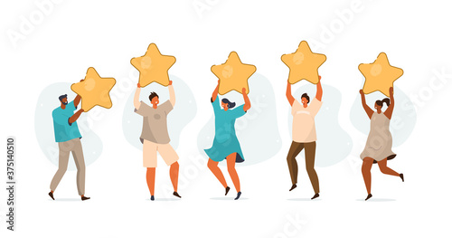 People Characters Holding Stars and Giving Five Star Feedback. Clients Choosing Satisfaction Rating and Leaving Positive Review. Customer Review and Opinion Concept. Flat Cartoon Vector Illustration. 