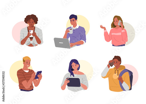 Young People using Smartphones, Laptops and Tablets for Chatting and Conversation. Happy Boys and Girls talking and typing on Phone. Female and Male Characters set. Flat Cartoon Vector Illustration.
