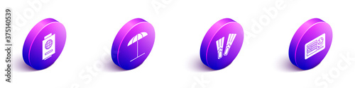 Set Isometric Passport with ticket, Sun protective umbrella for beach, Rubber flippers and Passport with visa stamp icon. Vector.