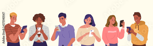 
Young People Looking on Smartphones and Chatting. Happy Boys and Girls talking and typing on Phone. Female and Male Characters collection. Flat Cartoon Vector Illustration.