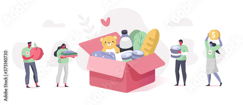 Team Volunteers working and helping in Charitable Foundation. Characters Collecting Food, Clothes and Money in Donation Box. Volunteering and Charity Concept. Flat Cartoon Vector Illustration.