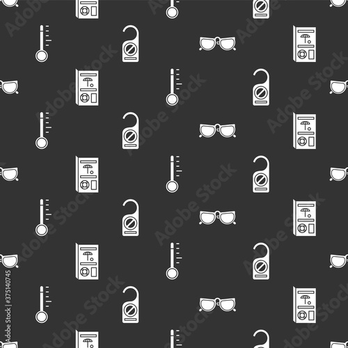 Set Glasses, Travel brochure, Meteorology thermometer and Please do not disturb on seamless pattern. Vector.