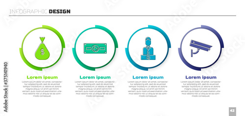Set Money bag, Stacks paper money cash, Casino dealer and Security camera. Business infographic template. Vector.