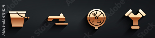 Set Bucket, Water tap, Water meter and Industry metallic pipe icon with long shadow. Vector.