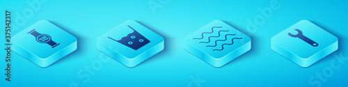 Set Isometric Water meter, Glass with water, Wrench spanner and Wave icon. Vector.